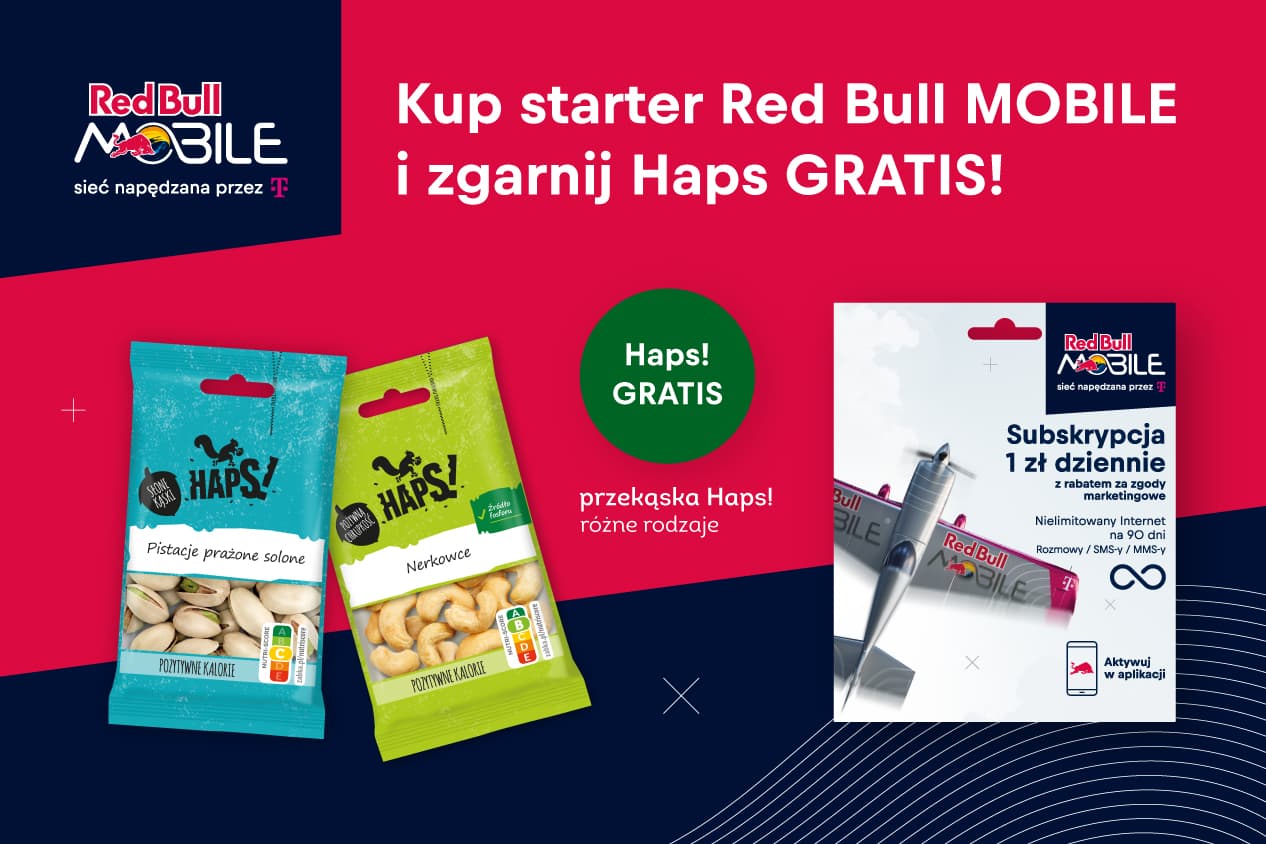 Leć do Żabki po starter Red Bull MOBILE, aktywuj subskrypcję w telefonie za 1 zł dziennie z rabatem i zgarnij przekąskę Haps gratis!